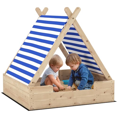 AIYAPLAY Sandkasten mit Abdeckung 120 x 120 cm aus Massivholz Imprägniert Kinder Sandbox mit Zeltdach Bodenvlies, Sandkiste für Outdoor Terrasse Balkon Garten