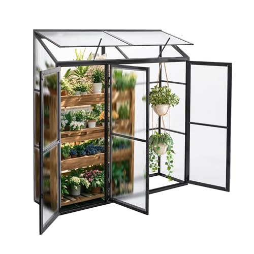 Gegaden Anlehngewächshaus Tomaten Gewächshaus 180x55x190cm Aluminium Beistell-Gewächshaus, Treibhaus Gartenhaus Frühbeet mit Rückwand, Gewächshaus Winterfest Klein, Minigewächshaus, Schwarz