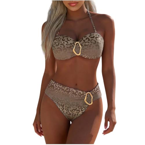 Guhmomh Bikini Damen Set Push Up Badeanzug Zweiteiliger Bademode Sommer Leopardenmuster Badeanzüge Oberteil mit Triangel Bikinihose Strand Bikini-Sets für Frauen Swimsuits Sport Strandmode Braun M
