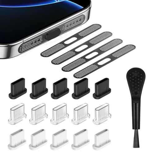 RXKFIGX 20-teiliges Set USB C Staubschutzstecker und Telefon-Lautsprecherabdeckung, Staubdichter Mesh-Aufkleber, Anwendbar auf iPhone 16/15 Serie, Typ C Port Für Meiste Typ-C Handy Tablet Zubehör