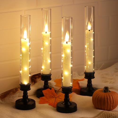 JVURICE LED Kerzen 4er Set,26cm Flackernde Kerzen mit Kerzenhaltern, Timer&Fernbedienung, Lichterkette, Für Esstische, Schränke, Weihnachten, Halloween, Hochzeiten, Silvester, Grabkerzen