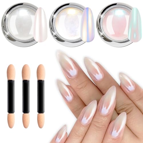 Pearl Chrome Nail Powder BISHENGYF - 3Pcs Weiße Chromfarbener Nagelpuder, Neon Glassy Ice Cromepulver Nägel Glitzerpuder, Glazed Donut Pearlescent Aurora Mirror Effect Pigmentpulver, Diy Deco Nail Art