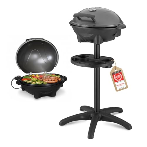 TZS First Austria - Elektrogrill 2 in 1 Tischgrill & Standgrill 2400W - Elektrischer Grill mit Standfuß für Balkon & Terrasse mit Deckel & Ablage - Elektro-Kugelgrill mit Thermometer & Tropfschale