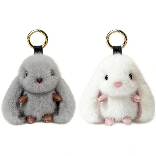 CHUANFU 2 Stück Hase Schlüsselanhänger Plüsch, Kaninchen Anhänge Kuscheliger Plush Keychain mit Weichem Plüsch, Süße Weiche Hase Bag Charms, Schlüsselanhänger für Damen Mädchen (Weiß, Grau)