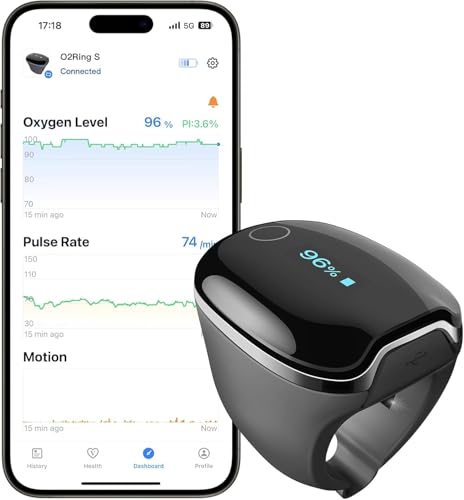 Wellue O2Ring-S Schlaf Pulsoximeter mit Vibrationserinnerung, 24 Std Akkulaufzeit Bluetooth Wiederaufladbar Sauerstoffsättigung Messgerät Finger, Schlaftracker mit 4 * 10 Stunden Eingebauter Speicher