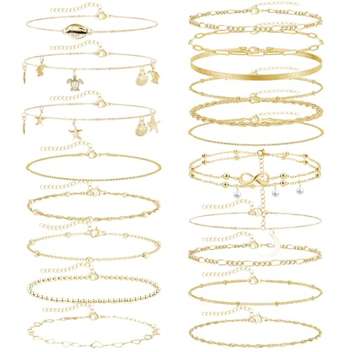 JSTHHTT 19 Pcs Fußketten für Damen, Trendige Anklets für Frauen, Wasserfeste Fußkette in Gold, Fußkettchen von Fußketten, Damen Fußkette in Gold, Fußkettchen Wasserfest Anklets for Women