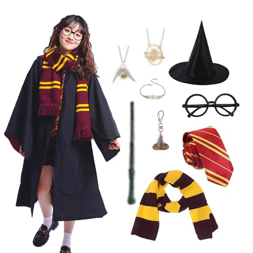 JMOCD Magier Robe, Cosplay Kostüm mit Magier Robe,Gestreifte Krawatte,Hut,Zauberstab,Halstuch,Brille,Vintage-Armband,Halskette,Schlüsselbund für Halloween Cosplay Karneval Verkleidung Party (M)