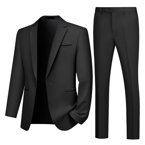 Autsel Anzug Herren Slim Fit Anzüge 2 Teilig Business Herrenanzug Hochzeit Sakko Hose Schwarz L