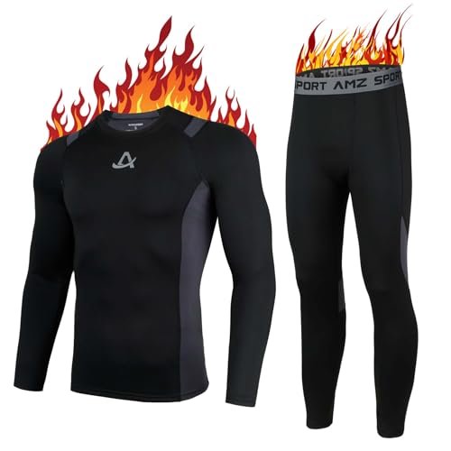 AMZSPORT Thermounterwäsche Set für Herren, Ideales Winter-Set zum Skifahren und Laufen, Enthält Atmungsaktive Funktionsunterwäsche sowie eine Thermohose, Schwarz M