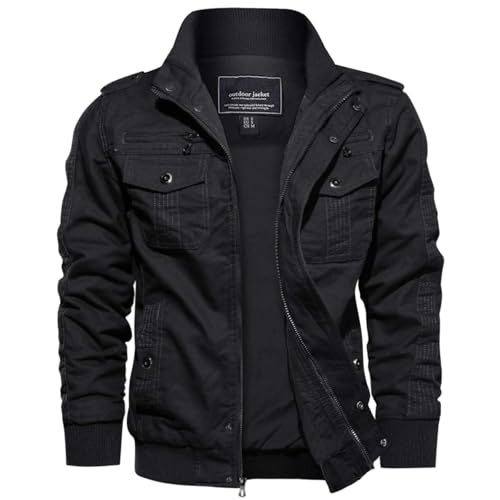 EKLENTSON Herren Übergangsjacke Frühling Cargo Jacke Sommerjacke mit Vielen Taschen (L, Schwarz)