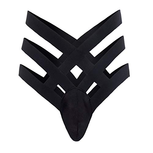 IWEMEK Herren Bandage Strings Höschen Reizwäsche Enhance Pouch Slips Sexy Hollow Out G-String Bikini Briefs Thongs Erotik Männer Unterwäsche Ouvert Tanga Unterhose Dessous Sissy Lingerie Schwarz L