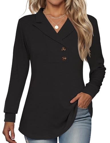 Tisfeer Sweatshirt Damen Pullover V-Ausschnitt Langarmshirt Elegant Business Lässig Tunika Tops Locker Herbst Winter Einfarbig Oberteile 2026(Schwarz,M)