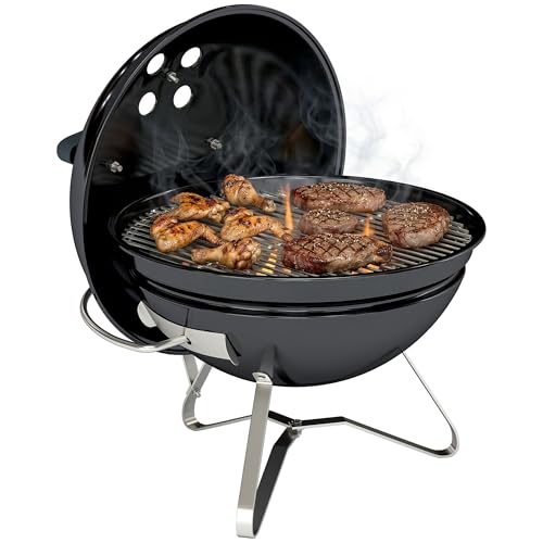 Outsunny Holzkohlegrill BBQ Smoker mit Deckel Griff Tragbarer Kugelgrill mit verstellbaren Lüftungsschlitzen Kohlegrill für Barbeque Camping, Terrasse, Garten 41 x 41 x 44 cm Schwarz