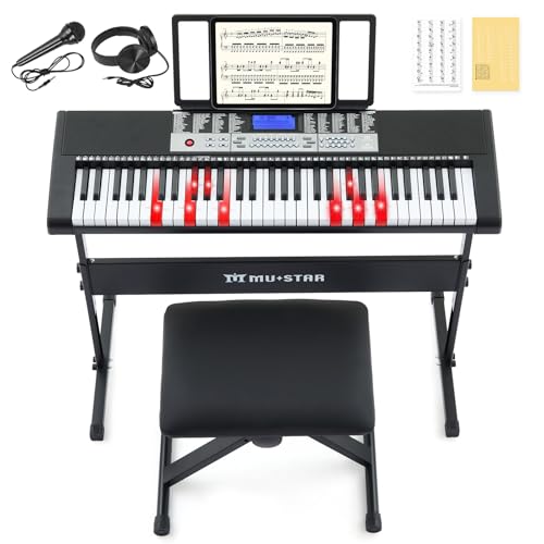 MUSTAR 61 Key Lighting Keyboard Piano, mit Touch Funktion, Digital Piano Keyboard für Anfänger, E Piano mit Intelligentem Unterricht, Klavierständer, Klavierhocker, Kopfhörer und USB Funktion, Tragbar