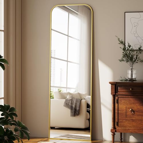 Koonmi Top Gebogene Ecken Standspiegel 52x142 cm, Ganzkörperspiegel bruchsicher Boden Körper Spiegel in voller Länge Modern Wundervoll für Wohnzimmer Schlafzimmer Flur, Gold