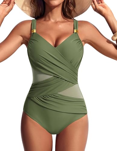 Hanna Nikole Badeanzug Damen mit V-Ausschnitt,Sexy Mesh Einteilige Badeanzüge,Bademode Design mit überlappenden Falten Hawaiianisch Olivgrün XL