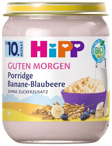 HiPP Bio Guten Morgen Porridge Banane-Blaubeere (6 x 160g), ab 10. Monat, ohne Zuckerzusatz, schmeckt warm & kalt, in bester Bio-Qualität