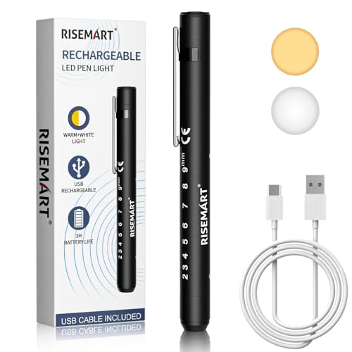 RISEMART Pupillenleuchte Diagnostikleuchte mit Pupillenmessgerät und Lineal,Warmes/Kühles Weiß, Aufladbar USB LED Stiftlampe für Krankenschwester Studentische Ärzte (Schwarz)