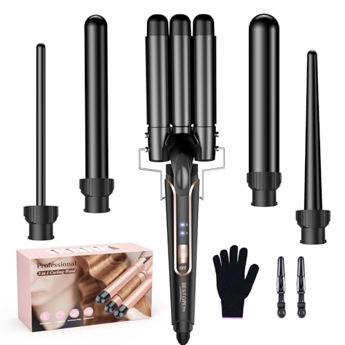 Lockenstab 6 in 1 – Keramikbeschichtetes, multifunktionales, austauschbares Welleneisen, Lockenwickler-Set mit Handschuhen und zwei Clips