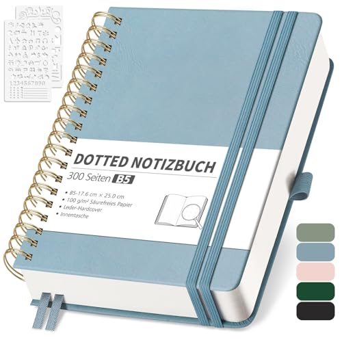RETTACY Notizbuch B5 Dotted, Bullet Dot Journal mit 100 g/m² Dickem Papier, 150 Blatt, Notebook für Büro und Schule, Lederhülle, Grau-Blau, 17.6 cm x 25 cm
