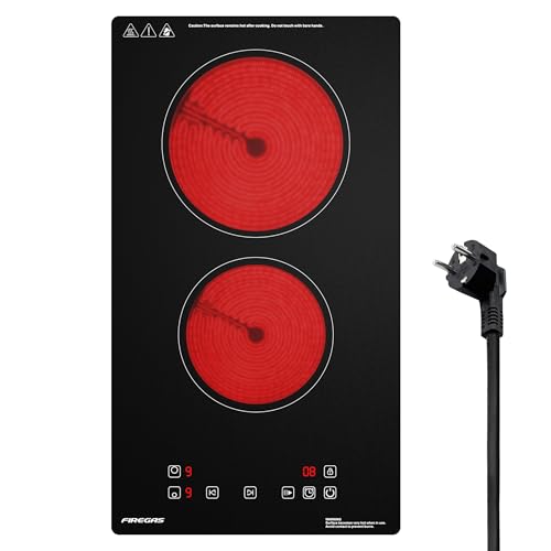 Domino Glaskeramikkochfeld, FIREGAS Einbauherde Glaskeramik Elektrisches Kochfeld, 3000W, 9 Leistungsstufen, Sensor-Touch-Steuerung, Kindersicherung,1-99 Mi Timer, Kochfeld 2 Platten