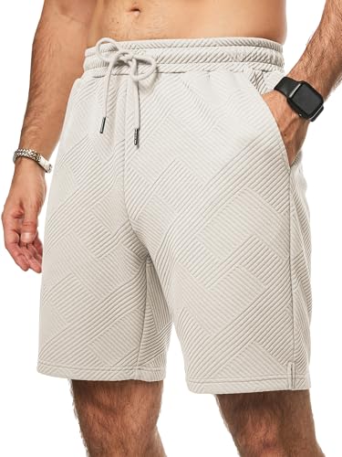 JMIERR Herren Textur Kurze Hosen mit 3 Taschen 2026 Sommer Casual Loose Shorts Elastische Taille Beige L