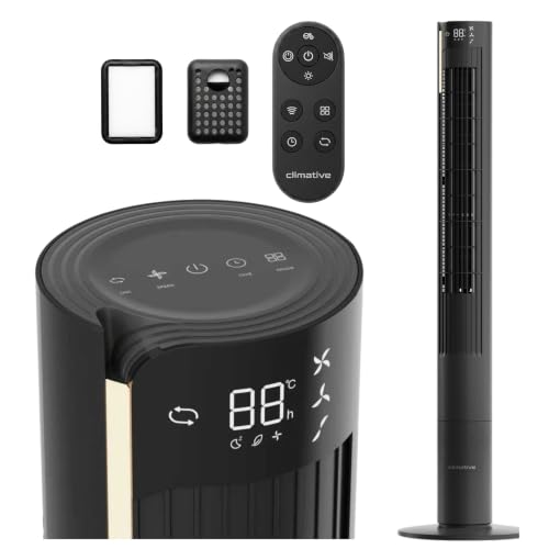 Climative Turmventilator 115cm WiFi Tuya MAX, Ionisator, Orkanartiger 8,5m/s Wind, Nachtlicht, Oszillation, Timer, LED Display, Design Standventilator, Tower Fan, Ventilator leise Schwarz