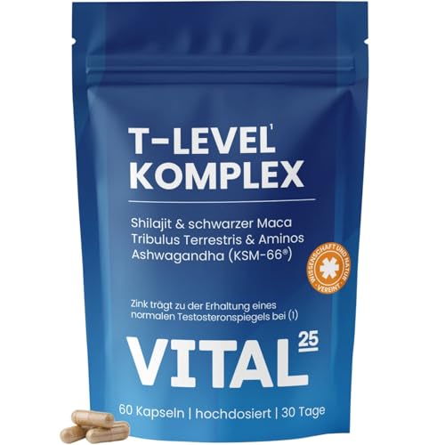T-Level Testosteron¹ Kapseln - hochdosiert mit Shilajit, Ashwagandha KSM-66®, Maca schwarz, Bockshornklee, Tribulus, Cordyceps, Bor, Aminos - vegan - 60 Kapseln für 30 Tage - Vital25®