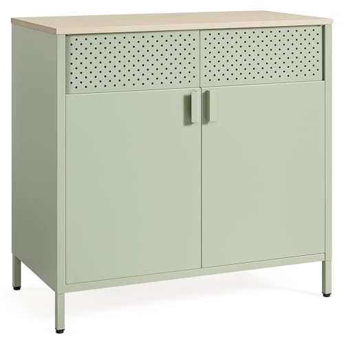SONGMICS Aufbewahrungsschrank, Metallschrank, mit Doppeltür, Magnetverschluss, Verstellbarer Einlegeboden, Stahlgestell, 40 x 80 x 76 cm, lorbeergrün-natureichenfarben LSC102C01