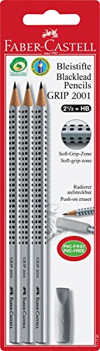 FABER-CASTELL 117197 - Bleistiftset GRIP 2001 mit Gummi-Tip, Härtegrad: HB, Schaftfarbe: silber, 3 Bleistifte im Blister