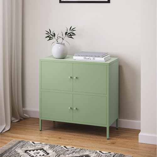 skølm Atriona Metall Kommode – Sideboard mit 2 Fächern & 4 Türen – Metallschrank in Mintgrün – Kleiner Mehrzweckschrank 80 cm breit – höhenverstellbare Füße – Aufbewahrungsschrank – Wohnzimmerschrank