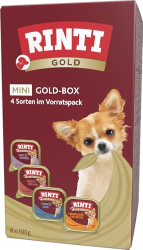RINTI - Gold Mini Multibox | Nassfutter für kleine, ausgewachsene Hunde mit 65% Fleisch und Innereien. Alleinfutter in Schälchen ohne Kohlenhydrate und künstliche Zusätze | 4x8x100g