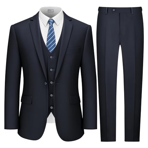 LUPURTY Anzüge für Herren, 3-teiliger Herrenanzug, schmale Passform, solide Jacke, Weste, Hose mit Krawatte, EIN-Knopf-Smoking-Set, Dunkles Marineblau, 4XL