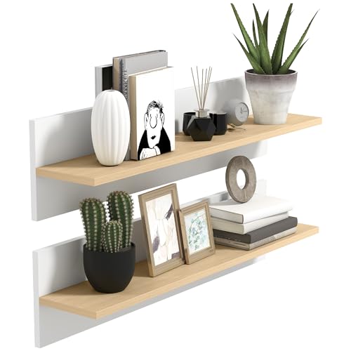 HOMCOM Wandregal 2er-Set Schweberegal, Wandboard, Regalbrett zur Präsentation, für Küche, Wohnzimmer, Badezimmer, Weiß+Naturholz, 80 x 16,5 x 20 cm