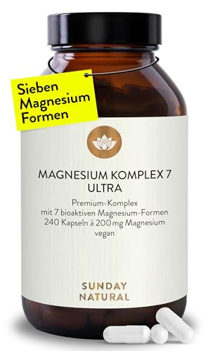 SUNDAY NATURAL® Magnesium Komplex – 240 Kapseln - 400mg pro Tag - aus 7 Verbindungen: Magnesium Bisglycinat, Citrat, Malat, Laktat, Ascorbat, Oxid, Lysinat - Vegan, laborgeprüft