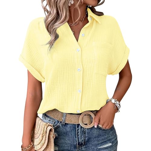 Damen Bluse, Musselin Bluse Damen Shirts Bluse Elegant Tunics Sommer Tshirt Kurzarm Leinen Knopf Bluse Lange Oversized T-Shirt Casual für Leggings, gelb XL