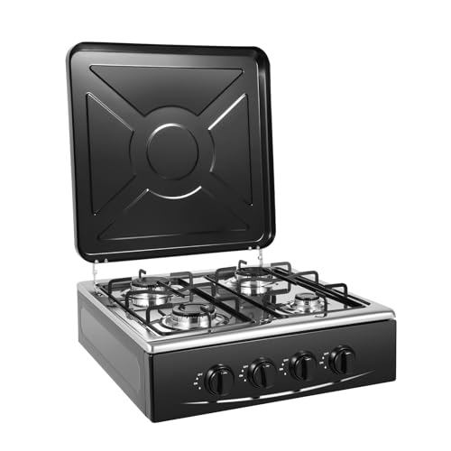 Gasherd Propan 4 Flammen Gaskochfeld Outdoor Camping Kochfeld aus Eisen mit Manueller Zündung und Ablageflächen Ideal für Wohnmobil Garten und Outdoor Küche