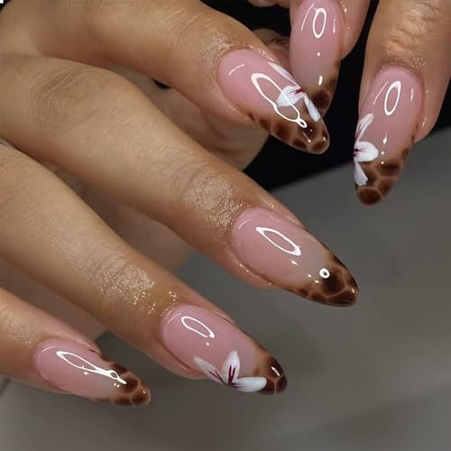 GlamRays 24 Stück Press on Nails Mittel Mandarin Französische Spitze Falsche Nägel Falsche Nägel Mit Design Weiße Blume Leopard Muster Gepard Muster Nägel