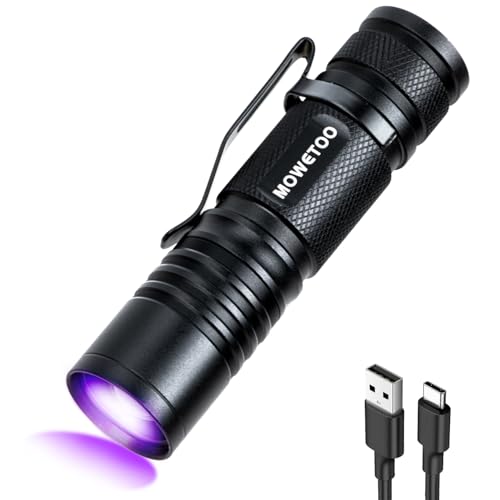 MOWETOO UV Taschenlampe Aufladbar - Mini LED UV Lampe Schwarzlicht Taschenlampe, 395nm Zoombare Ultraviolettes Licht Torch für Urinuntersuchung von Haustieren, Geldscheinkontrolle, Bernsteinsuche