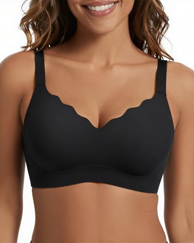 SHARICCA BH Damen Ohne Bügel - Nahtloser V Ausschnitt Gewellte Ränder Push Up BH Soft Atmungsaktiv Seamless Bustier Mit BH-Verlängerung(Schwarz-1P02-XL)