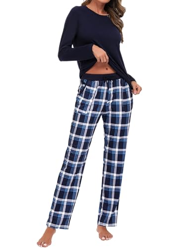 Uniexcosm Schlafanzug Damen Baumwolle Pyjama Set Lang Zweiteiliger Nachtwäsche Raglanärmel Sleepwear und Karierte Pyjamahose Hausanzug Freizeitanzug Stil 1:Marineblau-1 M