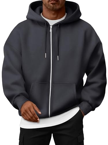 Oyamiki Zip Hoodie Herren Mode Basic Kordelzug Kapuzenpulli Sport Stil Sweatshirt mit Kapuze Casual Fleece Pullover Jacke Dunkelgrau M