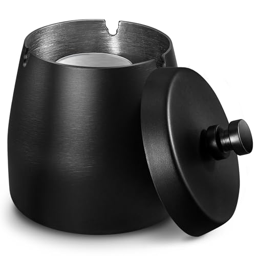 Zeawavsl Aschenbecher mit Deckel, Aschenbecher für Draussen, Windaschenbecher aus Edelstahl, Schwarz Standaschenbecher für Draußen und Innen