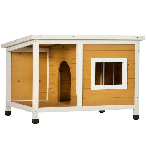 PawHut Hundehütte, Tannenholz, Hundehaus mit Terrasse und aufklappbarem Asphaltdach, Hütte für kleine Hunde, Indoor, Outdoor, wetterfest, Orange, 85,5 x 62 x 60 cm