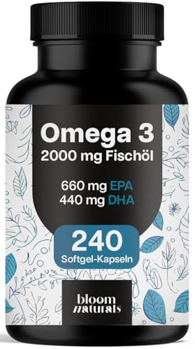 Omega 3 Kapseln hochdosiert 2000mg Fischöl - 240 Softgel-Kapseln - davon 660 mg EPA und 440 mg DHA - Unterstützt die Gesundheit von Herz, Gehirn und Augen* - Produziert in Deutschland