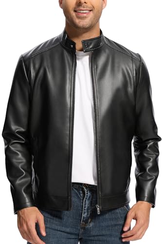 Fahsyee Kunstlederjacke Herren Leichte Motorradjacken Herren-Bomberjacke mit Stehkragen, Taschen und Reißverschluss Größe L, Schwarz