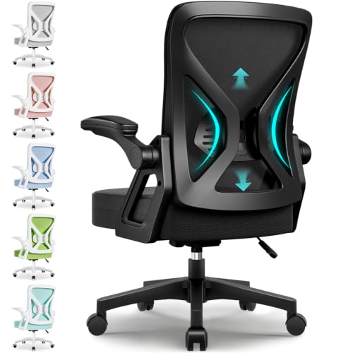 Airchros Bürostuhl Ergonomisch,Schreibtischstuhl mit Hochklappbaren Armlehnen, Einstellbarer Lendenstütze, Wippfunktion bis 125°, Höhenverstellbar, Netzstuhl, Schwarz