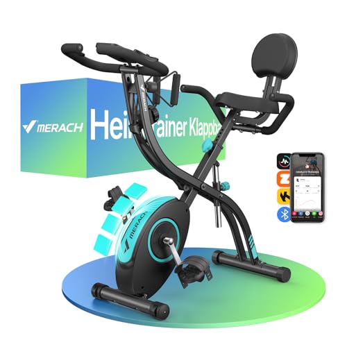 MERACH 4-in-1 Heimtrainer Klappbar, Hometrainer Fahrrad mit LCD Monitor und Handpulsmessung, Magnetisches Ergometer Fitnessbikes mit Bequemem Sitzkissen, 16-Stufiger Magnetwiderstand, Platzsparend