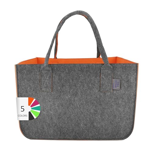 IDEA HOME Filztasche Shopper Groß-30 Liter Einkaufstasche XXL Zusammenklappbar Einkaufskorb Kaminholztasche Kleiderkorb Spielzeugtasche Dunkelgrau/Orange, XL