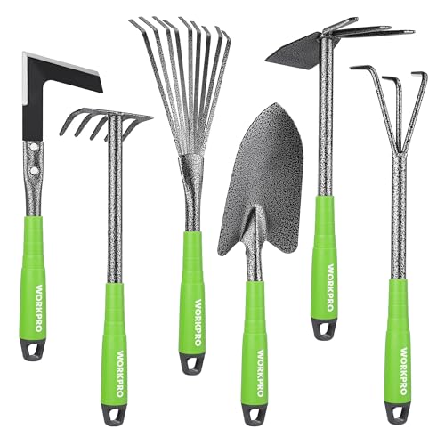 WORKPRO Gartenwerkzeug Set, 6 in 1 Gartengeräte Set mit Gehämmerter Oberflächenbehandlung, inkl. Jäter, Rechen, Hacke, Kelle – Robustes Garten Werkzeug Set für Gartenliebhaber